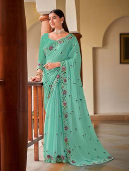 Laxmipati Sarees - Blue Color Chiffon Party Wear Saree with Unstitched Blouse