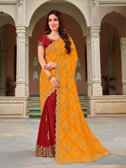Laxmipati Sarees - Yellow Color Chiffon Party Wear Saree with Unstitched Blouse