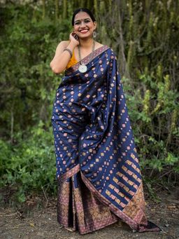APAAPI THREADS OF GLORY - Navy Blue Silk Mekhela Chador Saree with Unstitched Blouse