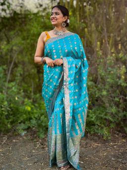 APAAPI THREADS OF GLORY - Turquoise Silk Mekhela Chador Saree with Unstitched Blouse