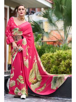 Mysilklove - Strawberry Pink Printed Georgette Saree with Unstitched Blouse