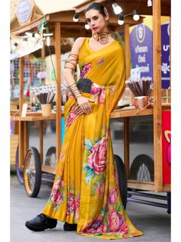 Mysilklove - Tree Poppy Yellow Printed Georgette Saree with Unstitched Blouse