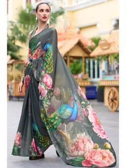 Mysilklove - Sandstone Grey Printed Georgette Saree with Unstitched Blouse