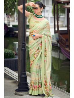 Mysilklove - Tana Green Chiffon Silk Saree with Unstitched Blouse