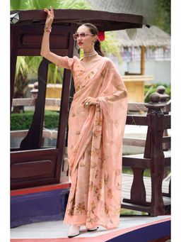 Mysilklove - Wax Flower Peach Chiffon Silk Saree with Unstitched Blouse