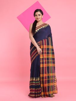 Arhi - Navy Blue Cotton Handspun Temple Borders Saree with Unstitched Blouse