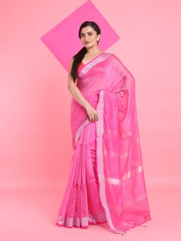 Arhi - Pink Cotton Silk Woven Stripes Pallu Saree with Unstitched Blouse