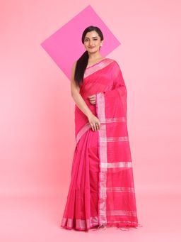 Arhi - Rani Pink Cotton Silk Woven Stripes Pallu Saree with Unstitched Blouse
