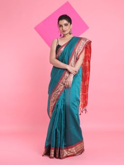 Arhi - Teal Cotton Silk Nakshi Borders Saree with Unstitched Blouse