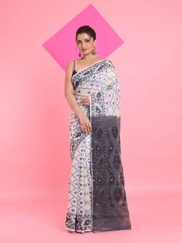 Arhi - White Jamdani All Over Thread Weaving Saree without Blouse