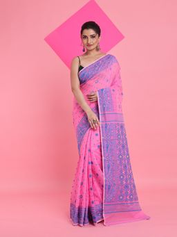 Arhi - Pink Jamdani All Over Thread Weaving Saree without Blouse