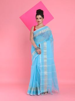 Arhi - Sky Blue Pure Cotton Tant Woven Designs Saree without Blouse