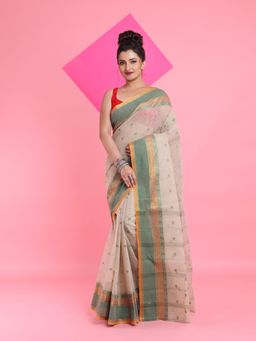 Arhi - Ecru Beige Pure Cotton Tant Woven Designs Saree without Blouse