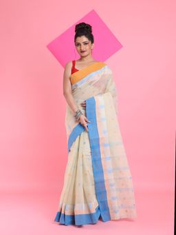 Arhi - Ecru Beige Pure Cotton Tant Woven Designs Saree without Blouse