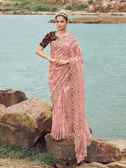 Odette - Pink Embroidered Net Saree for Women with Unstitched Blouse