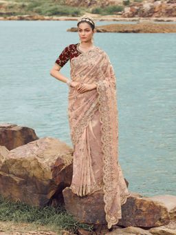 Odette - Peach Embroidered Net Saree for Women with Unstitched Blouse