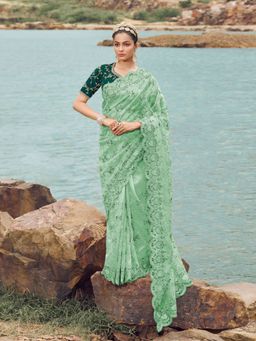 Odette - Sea Green Embroidered Net Saree for Women with Unstitched Blouse