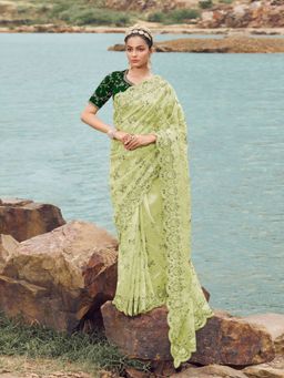 Odette - Light Green Embroidered Net Saree for Women with Unstitched Blouse