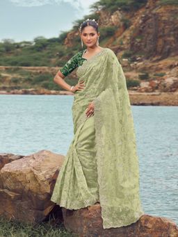 Odette - Light Green Embroidered Organza Saree for Women with Unstitched Blouse