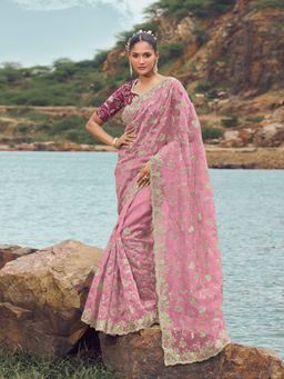 Odette - Pink Embroidered Organza Saree for Women with Unstitched Blouse