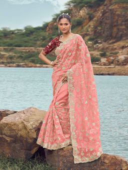 Odette - Peach Embroidered Organza Saree for Women with Unstitched Blouse