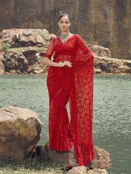 Odette - Red Embroidered Net Saree for Women with Unstitched Blouse
