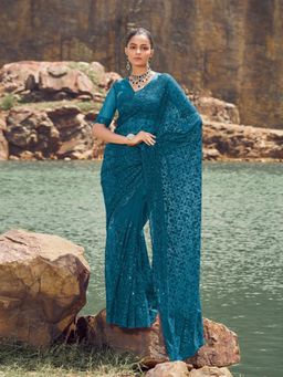 Odette - Teal Embroidered Net Saree for Women with Unstitched Blouse