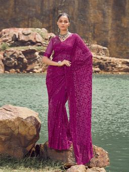 Odette - Purple Embroidered Net Saree for Women with Unstitched Blouse