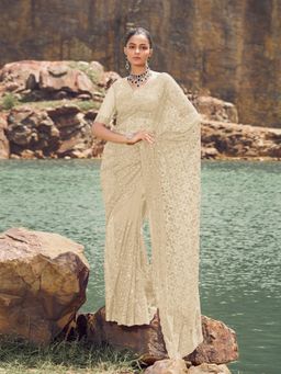 Odette - Cream Embroidered Net Saree for Women with Unstitched Blouse