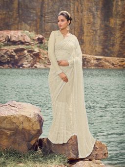 Odette - Cream Embellished Net Saree for Women with Unstitched Blouse
