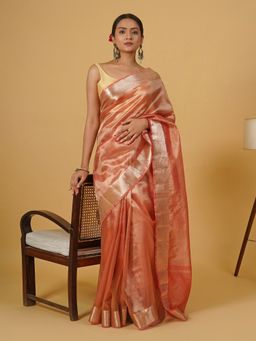 Teejh - Mohini Coral Banarasi Tissue Saree with Unstitched Blouse