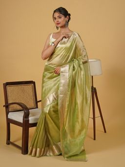 Teejh - Tulsi Green Banarasi Tissue Saree with Unstitched Blouse