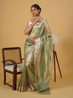 Teejh - Narmadha Pastel Green Banarasi Tissue Saree with Unstitched Blouse