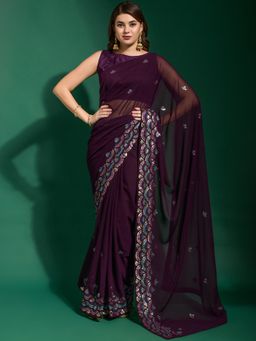 Odette - Wine Embellished Georgette Saree for Women with Unstitched Blouse