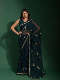 Odette - Dark Green Embroidered Georgette Saree for Women with Unstitched Blouse