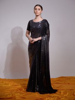 Odette - Black Embellished Georgette Saree for Women with Unstitched Blouse