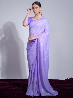 Odette - Purple Embellished Georgette Saree for Women with Unstitched Blouse