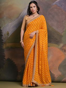 Odette - Mustard Printed Chiffon Saree for Women with Unstitched Blouse