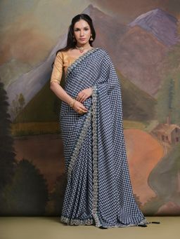 Odette - Blue Printed Chiffon Saree for Women with Unstitched Blouse