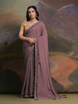 Odette - Wine Printed Chiffon Saree for Women with Unstitched Blouse