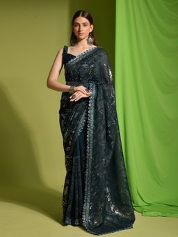 Odette - Teal Embellished Georgette Saree for Women with Unstitched Blouse