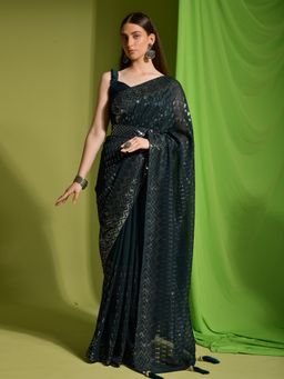 Odette - Dark Green Embellished Georgette Saree for Women with Unstitched Blouse