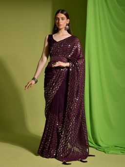 Odette - Wine Embellished Georgette Saree for Women with Unstitched Blouse