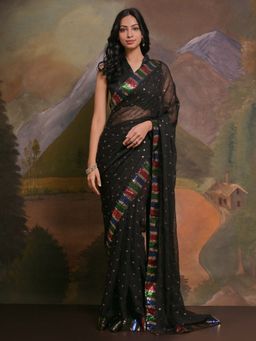 Odette - Black Embellished Georgette Saree for Women with Unstitched Blouse