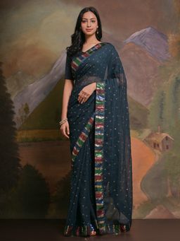 Odette - Navy Blue Embellished Georgette Saree for Women with Unstitched Blouse