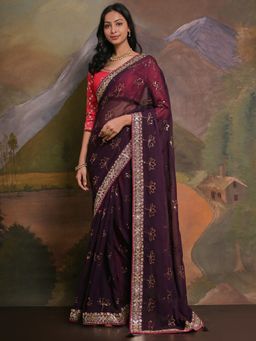 Odette - Wine Embellished Georgette Saree for Women with Unstitched Blouse
