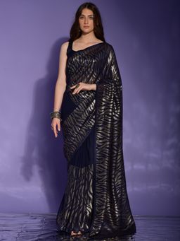 Odette - Navy Blue Embellished Georgette Saree for Women with Unstitched Blouse