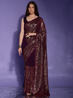 Odette - Wine Embellished Georgette Saree for Women with Unstitched Blouse