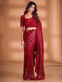 Odette - Red Embellished Georgette Saree for Women with Unstitched Blouse