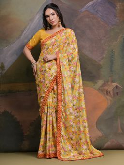 Odette - Yellow Printed Chiffon Saree for Women with Unstitched Blouse
